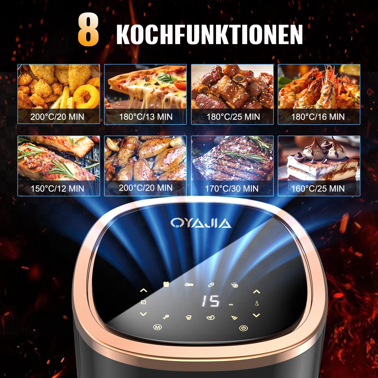 oyajia Heißluftfritteuse Heißluftfritteuse 6L mit Sichtfenster Airfyer 1 kg Fassungsvermögen, 1800,00 W, bis 200°C, 8 Programme Heissluftfritteuse Easy Air Frye – Bild 4 von 5