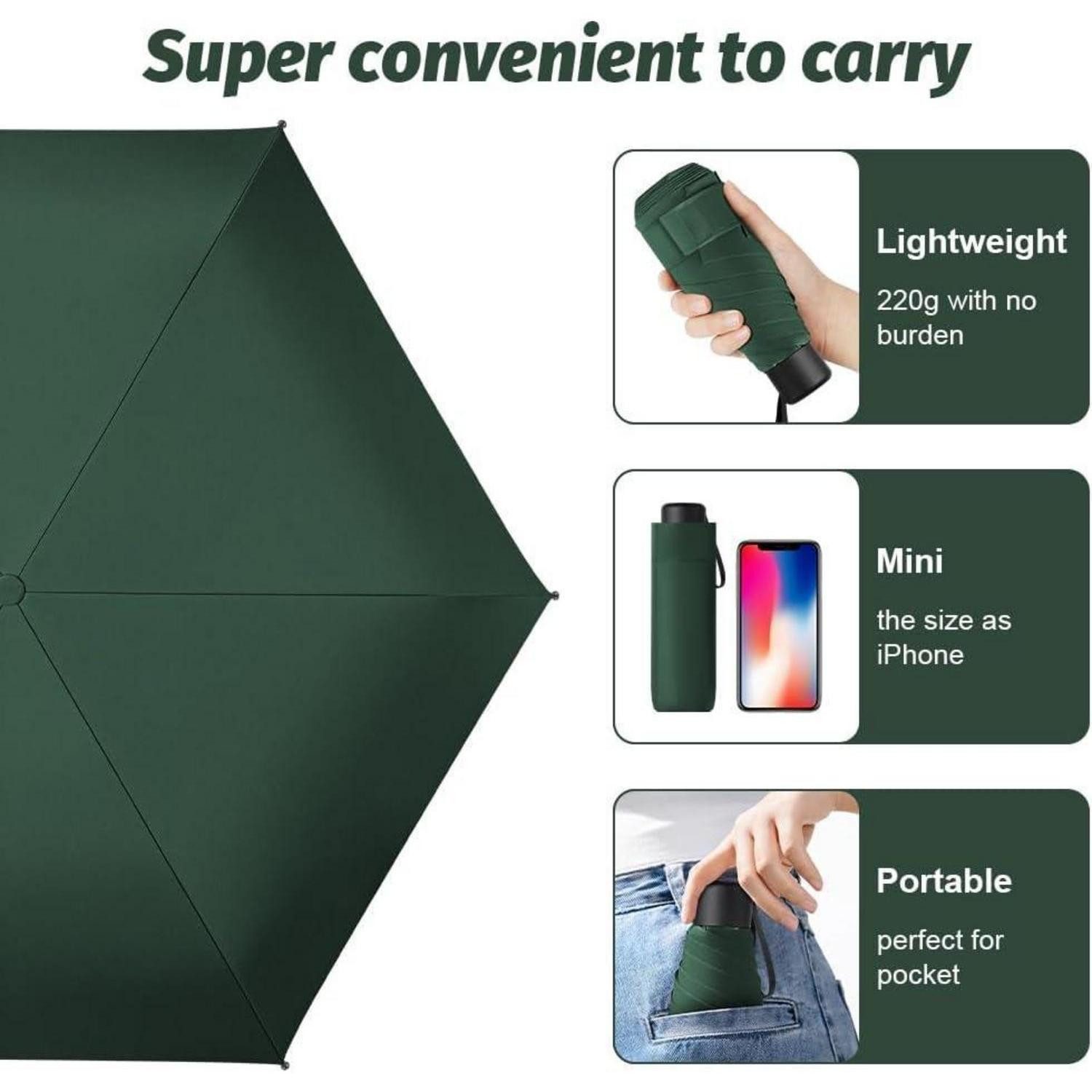 LuxusKollektion Taschenregenschirm Taschenschirm Mini Faltbar UV Kompakt 6Edelstahlrippen Dunkelgrün