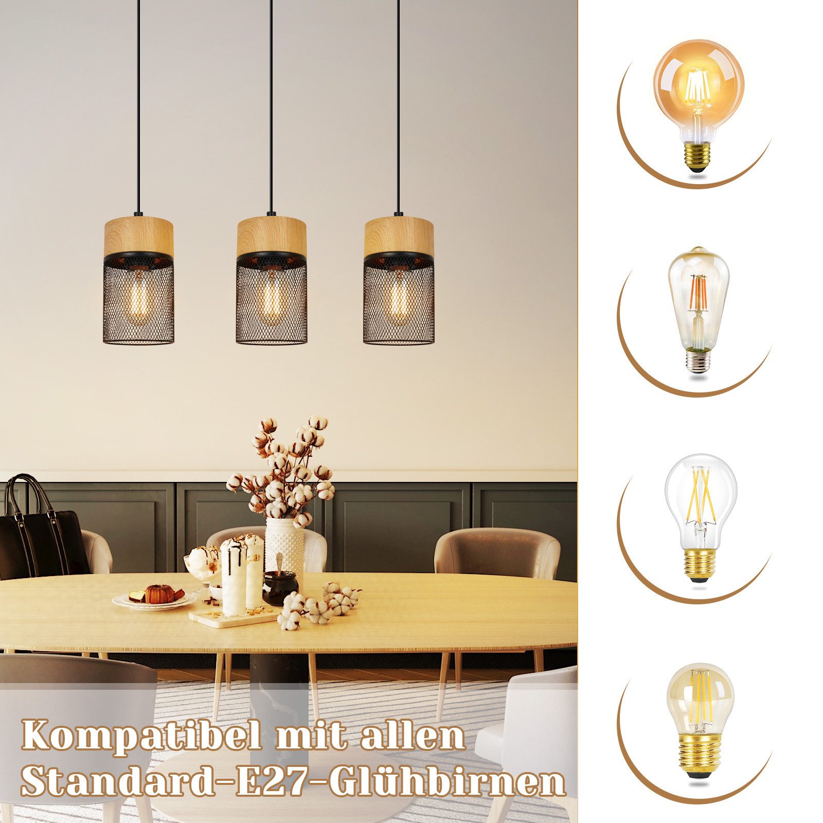 Nettlife Hängeleuchte Vintage Holzmaserung Esstisch Schwarz Industrial E27 25W Pendelleuchte, Höhenverstellbar, LED wechselbar, Esstischlampe für Schlafzimmer Küche Bar Flur