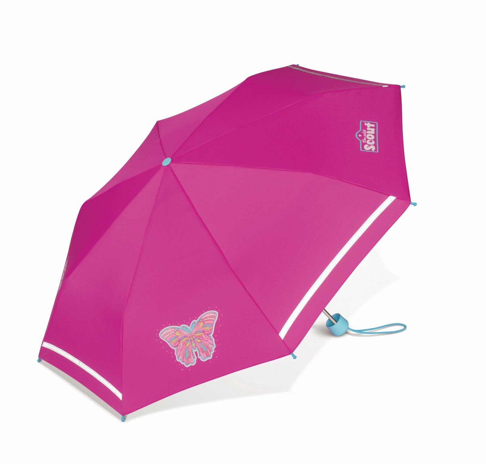 Scout Taschenregenschirm Girls Kinder Regenschirm mit Reflektionsstreifen Butterfly, reflektierend, Schmetterling mit Glitzereffekt