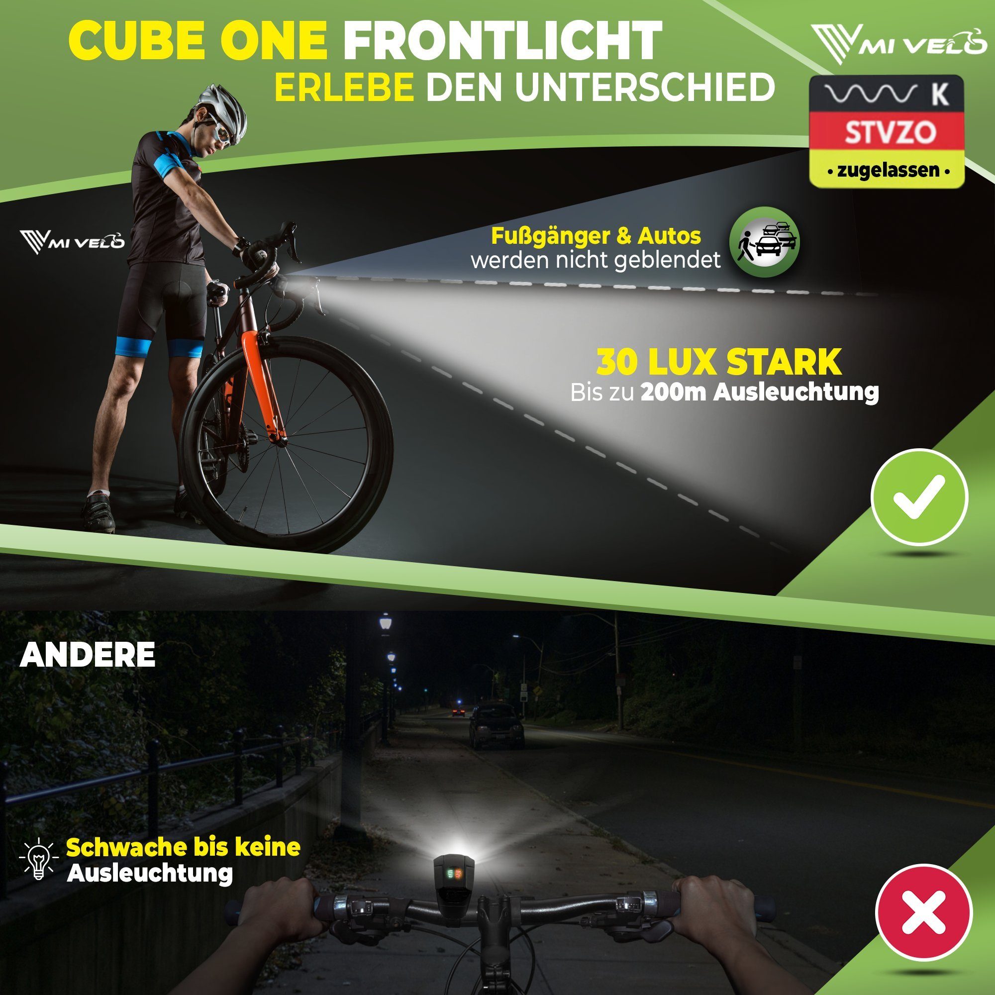 MIVELO Fahrradbeleuchtung CUBE Fahrradlicht Set LED - Akku USB aufladbar wasserdicht, OSRAM LED