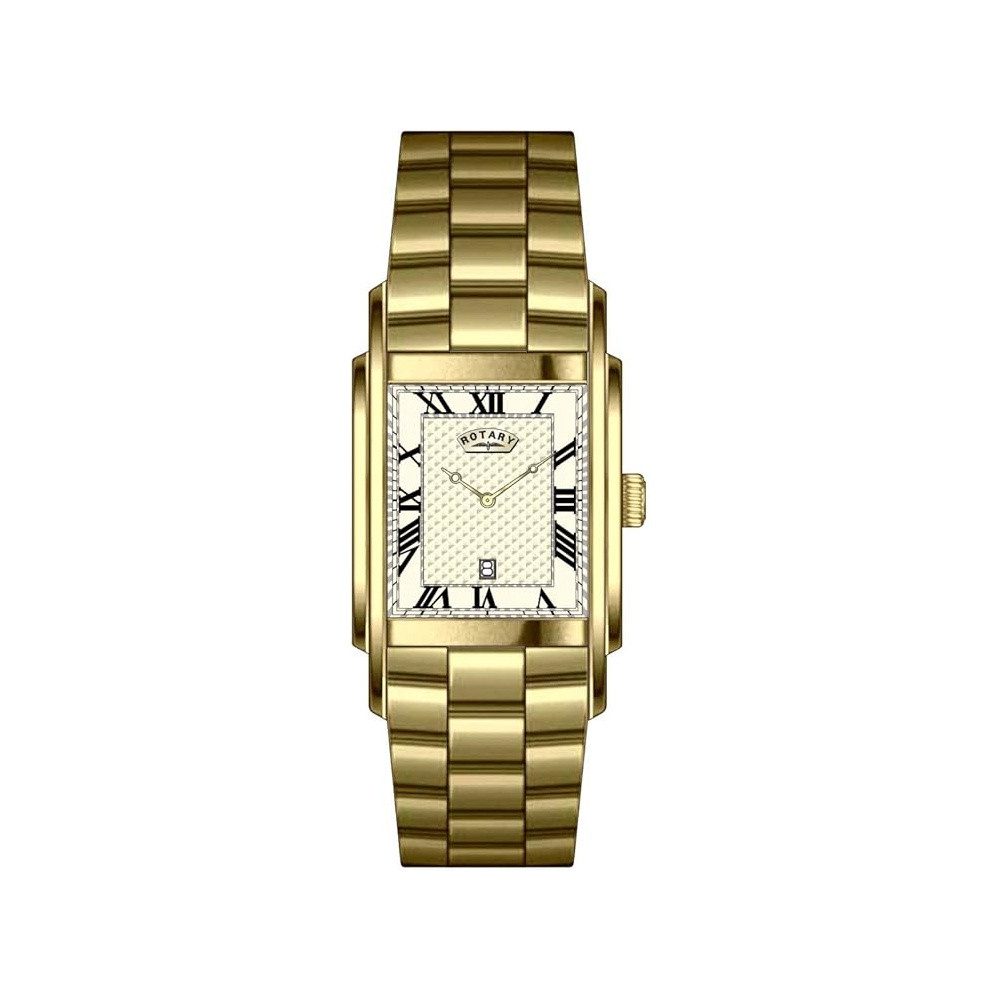 ROTARY Quarzuhr Herren Edelstahl Gold Zifferblatt römisch Datum GB42831/09, eckiges Gehäuse, Faltschließe, Deckel mit 4 Schrauben verschraubt