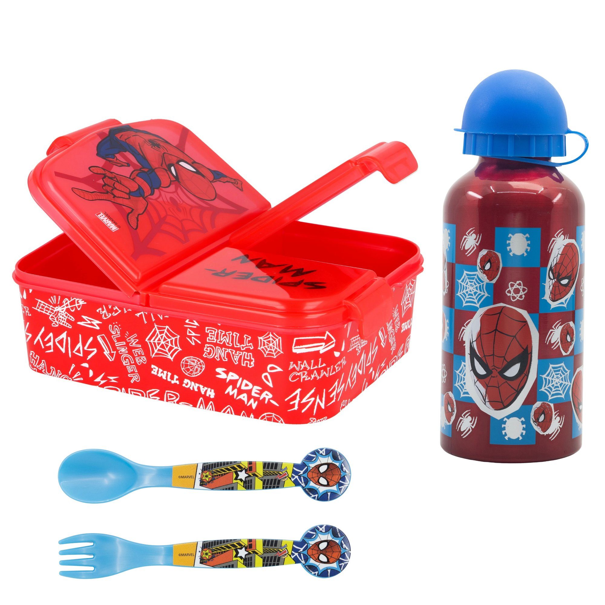 tlg Brotdose Kinder Alu-Trinkflasche MARVEL (4-tlg), Lunchbox Set Kammern 4 Besteck Spiderman 3, Marvel