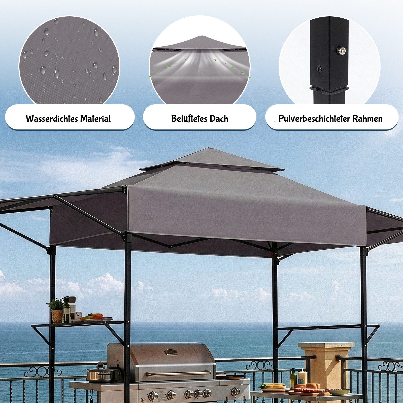 LALAHO Grillpavillon Raucherpavillon mit Doppeldach, Seitenregalen Faltpavillon, Gartenpavillon Grillüberdachungen wetterfest 380x100x240 cm – Bild 2 von 5