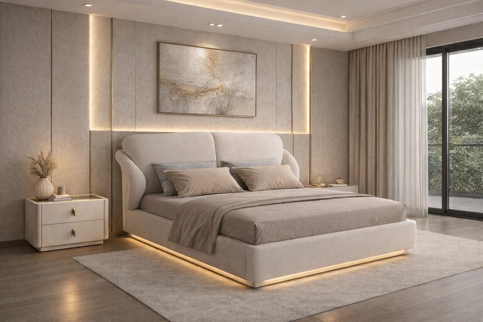 Polsterbett Beiges 3-teiliges Schlafzimmer-Set mit Bett und Nachttischen