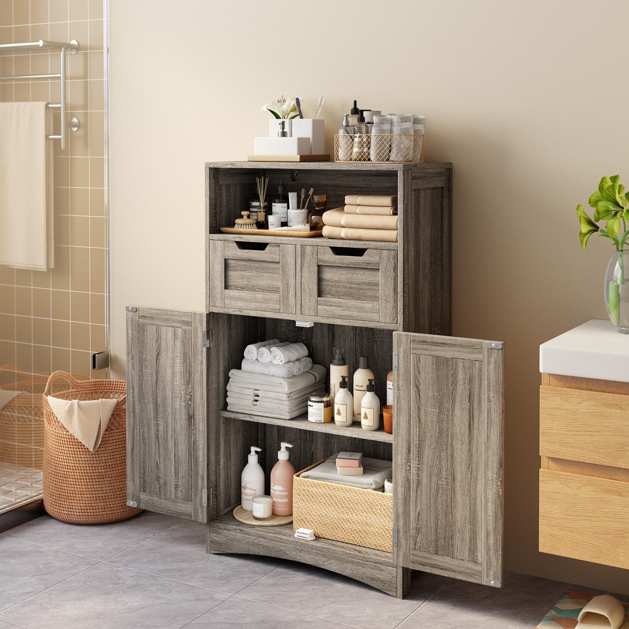 Bealife Badkommode mit 2 Schubladen, verstellbares Regal, multifunktional