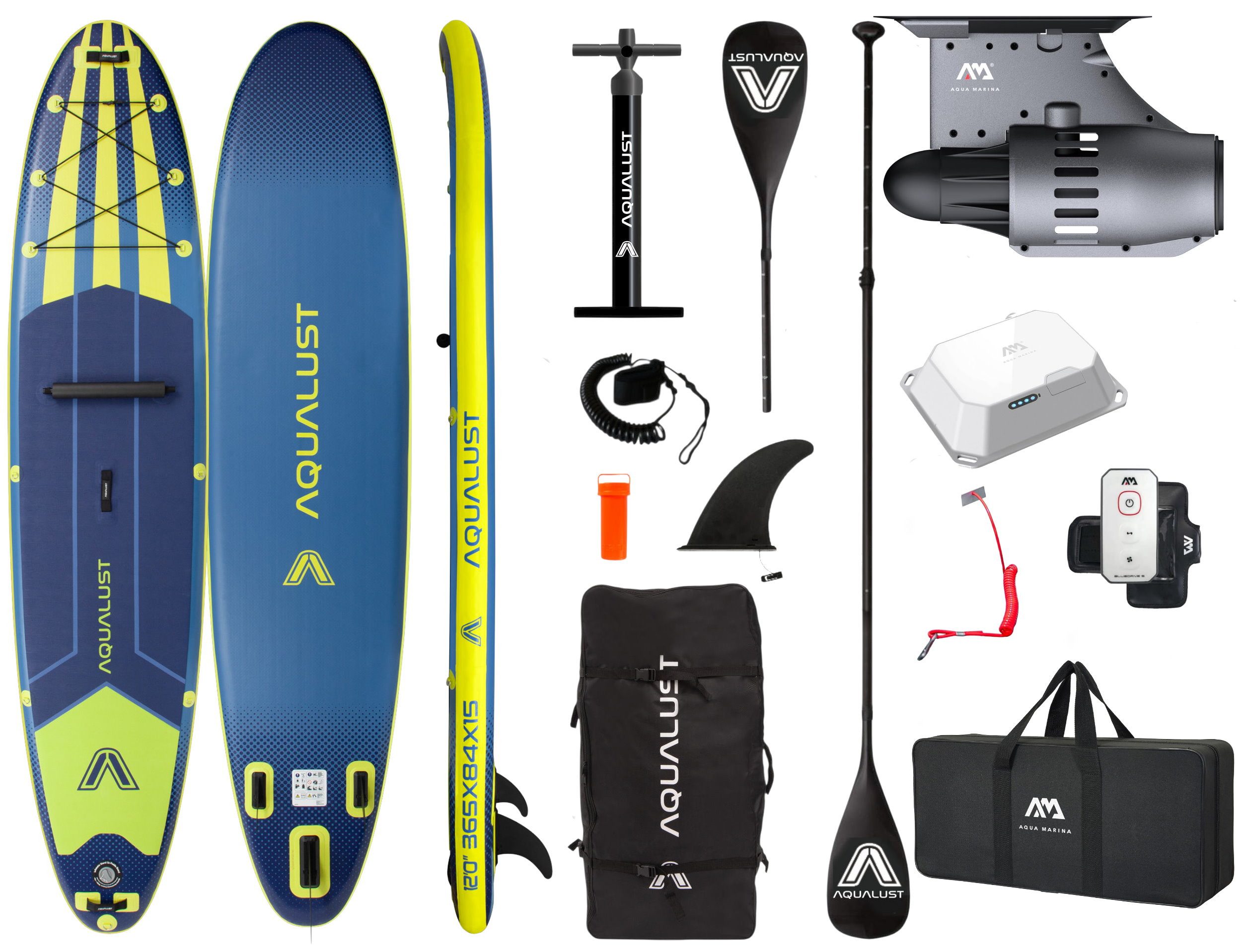 Aqualust SUP-Board AQUALUST 12.0 SUP BOARD 365 cm Set mit Aqua Marina BlueDrive S Motor