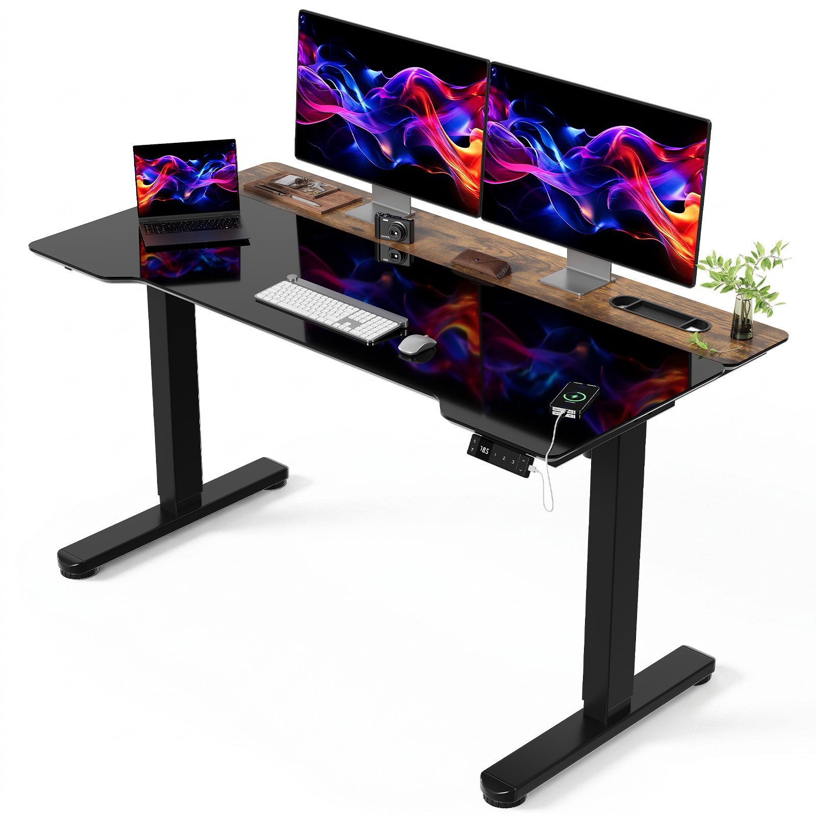 HOMALL Schreibtisch Höhenverstellbarer Schreibtisch, 140 x 70 cm, durchgehende Glasplatte (18 mm Vollglas-Platte, 3 Memory-Funktionen, USB-Anschluss & Anti-Kollisionsschutz, Design mit zweifarbiger Tischplatte)