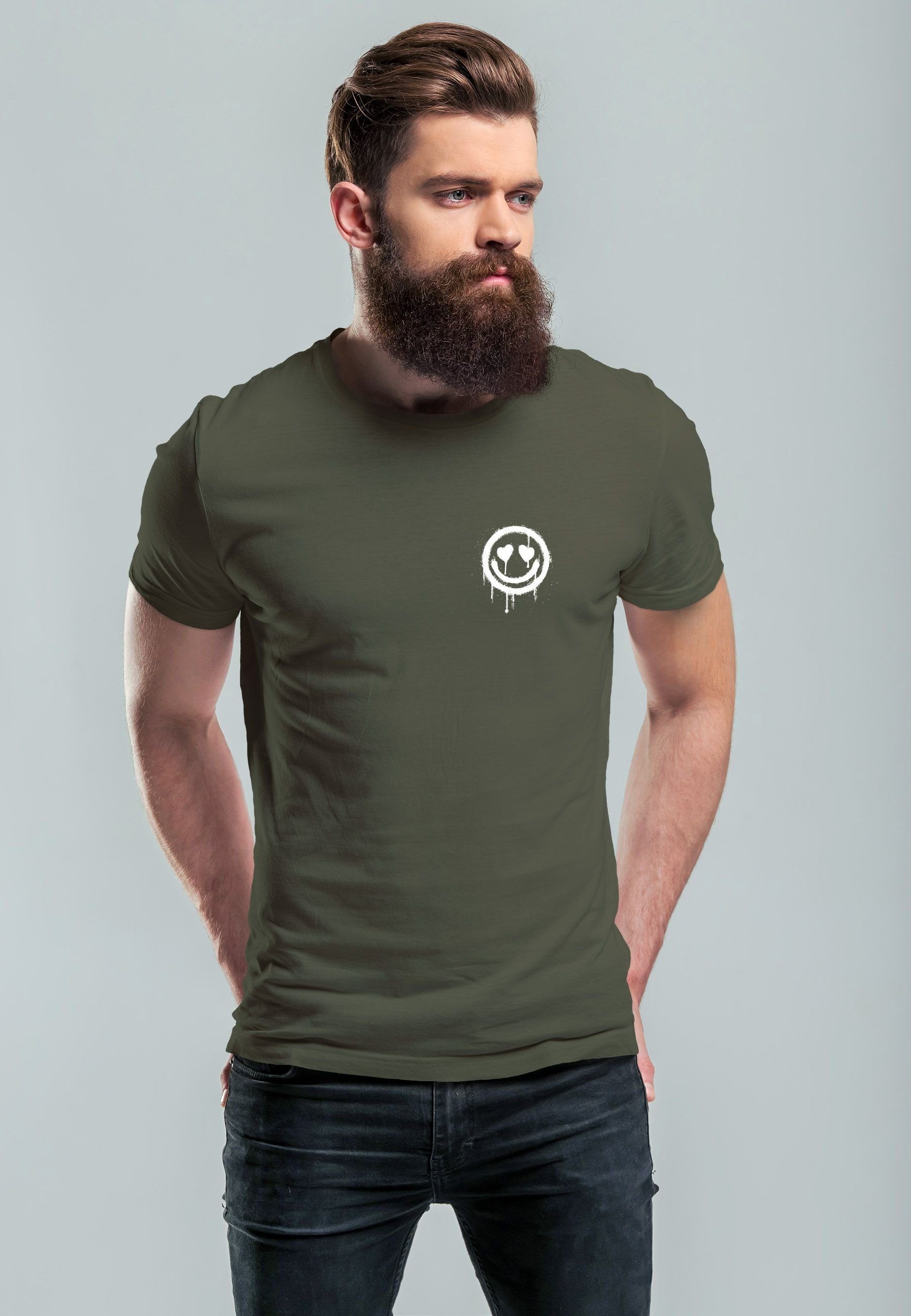 Drip Print-Shirt T-Shirt mit Print Neverless Print army Drippy Aufdruck Face Herz-Augen Herren Motiv Smile