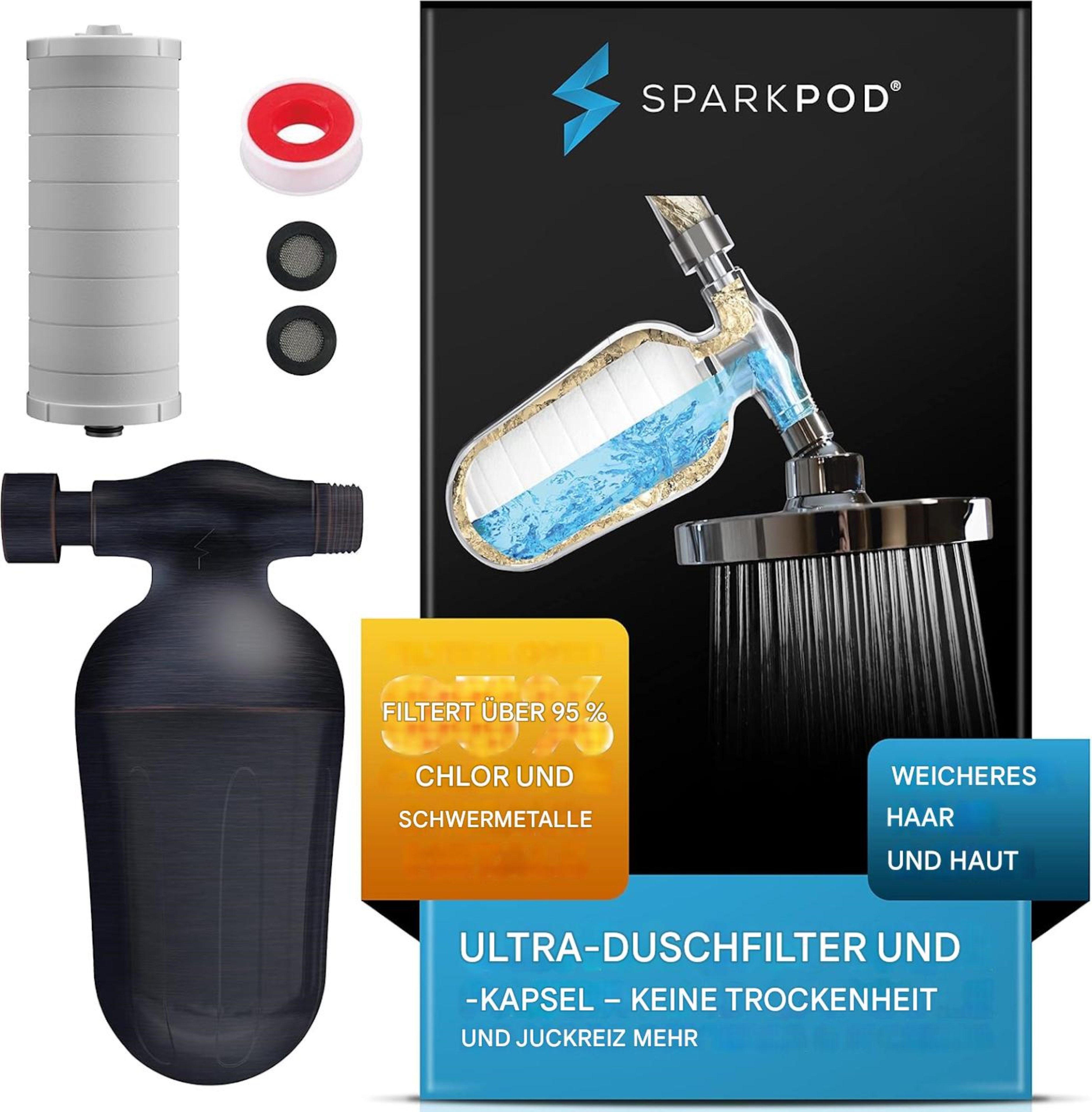 sparkpod Фильтры-Set Duschfilter mit Aktivkohle, KDF, Vitamin C – gegen Kalk & Chlor, Zubehör für Все handelsüblichen Duschköpfe mit ½-Zoll-Standardanschluss, Effektiver Duschfilter gegen Chlor, Kalk, Rost und Verunreinigungen