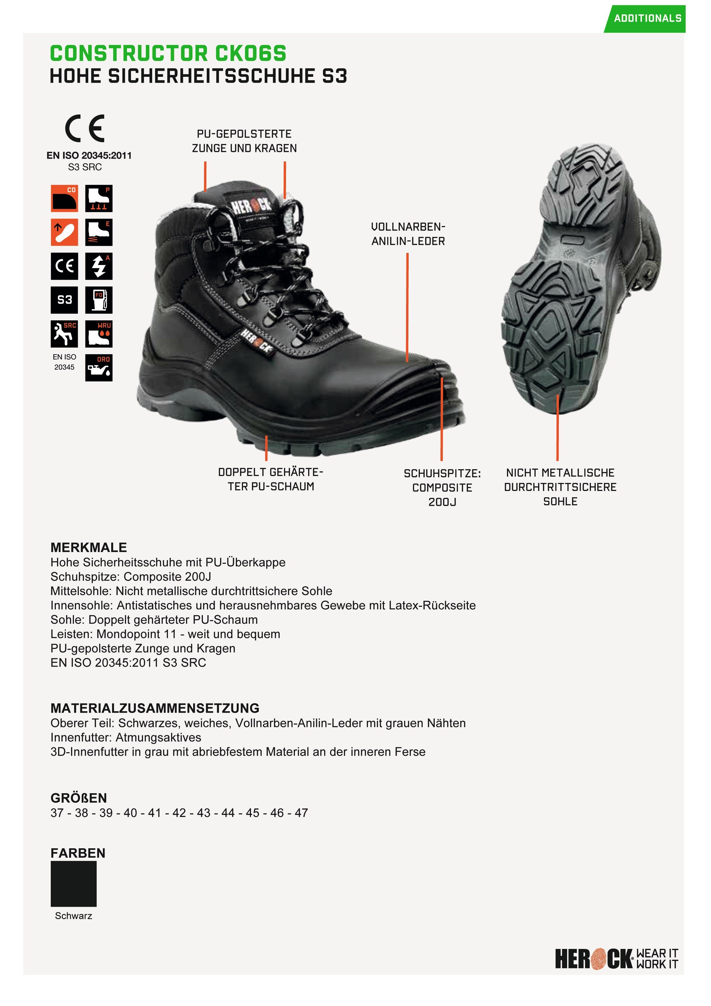 Sicherheitsschuh Compo High und S3, PU-Überkappe, bequeme Herock Schuhe S3 Leisten weite Constructor