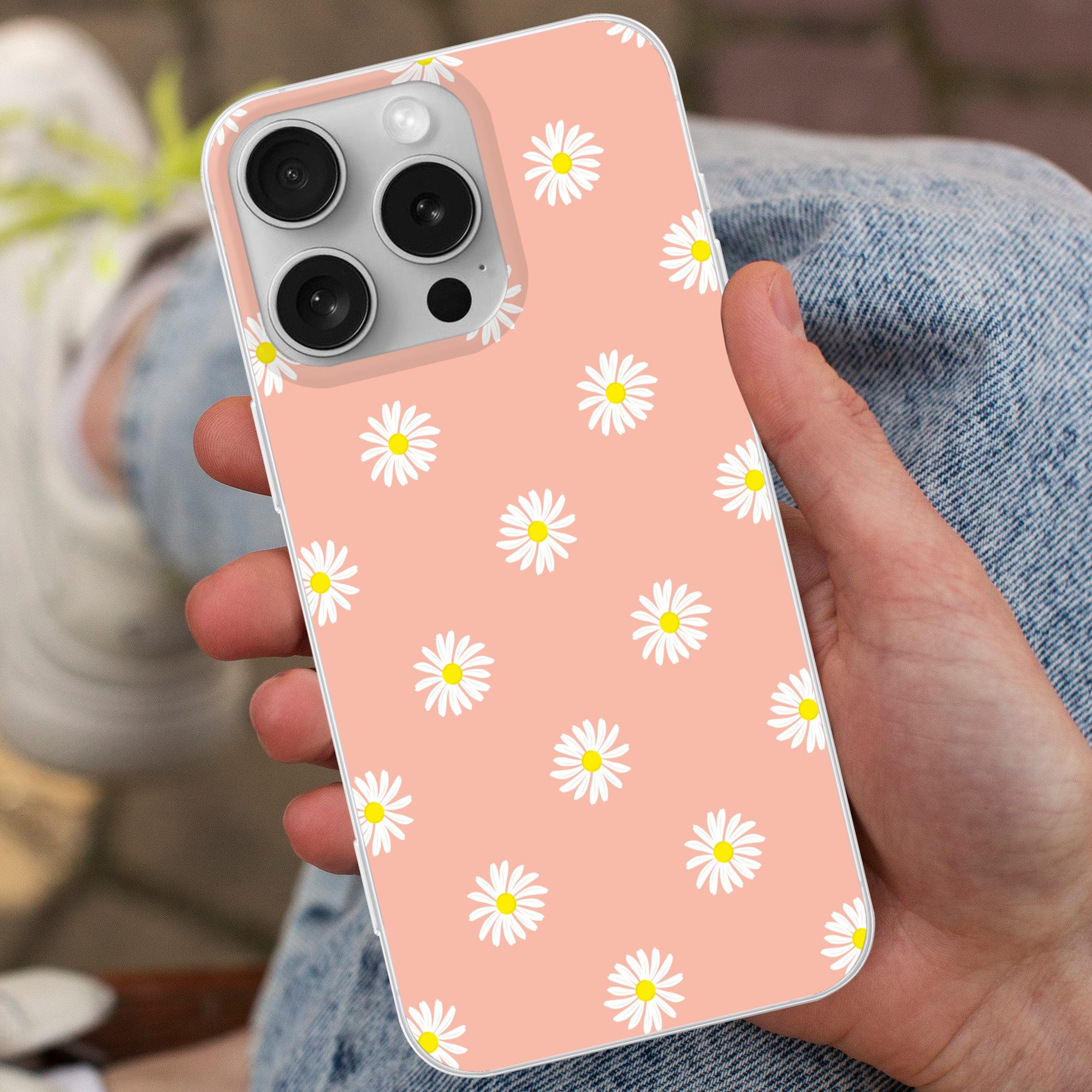 MuchoWow Handyhülle für Apple iPhone 16 Pro Gänseblümchen - Pastell - Weiß - Rosa - Blumen, Smartphone-Bumper, Print, Handy Schutzhülle Dünn