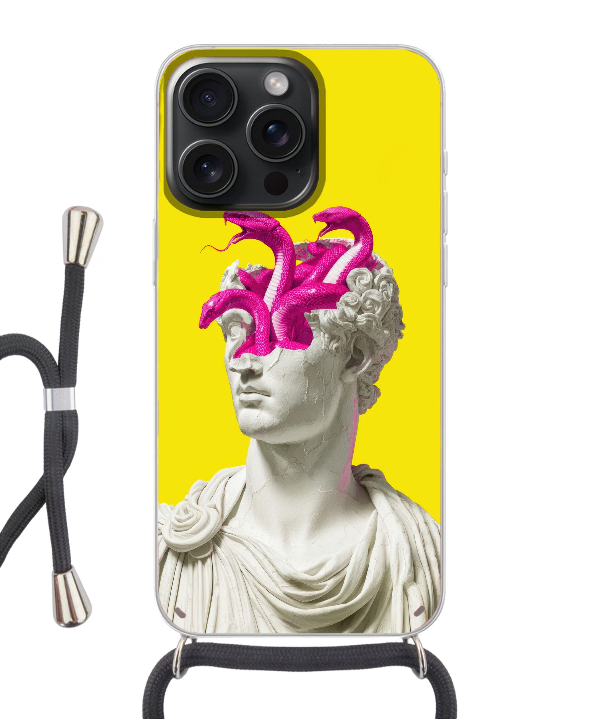 MuchoWow Handyhülle für Apple iPhone 15 Pro Büste - Schlangen - Gelb, Tragbare Handyhüllen mit Kette zum umhängen, Handykette Handyband