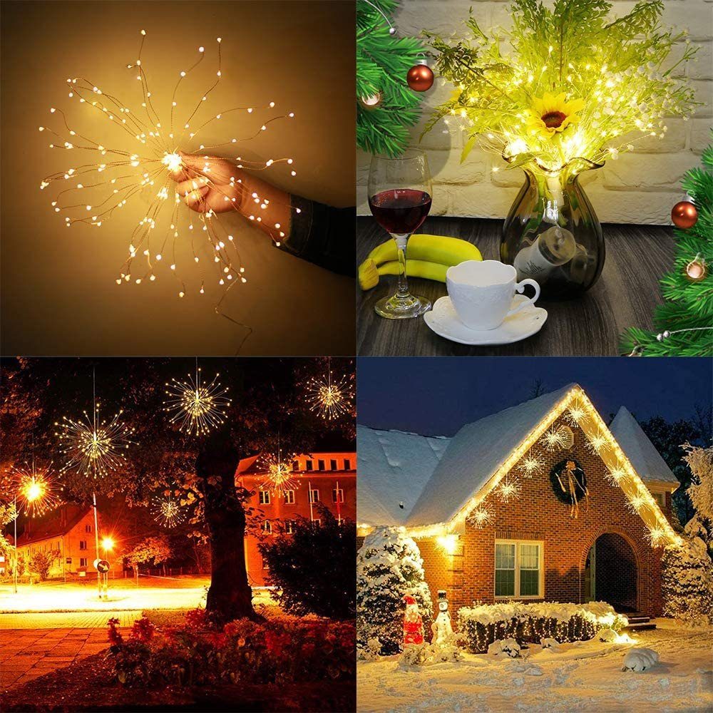 für Party Weiß Hängende Warmes Weihnachtsdeko LED Starburst, Sunicol Wasserdicht Feuerwerk Lichter,8 Außen Innen 200 mit Fernbedienung, Batterie, LED-Lichterkette Modi,