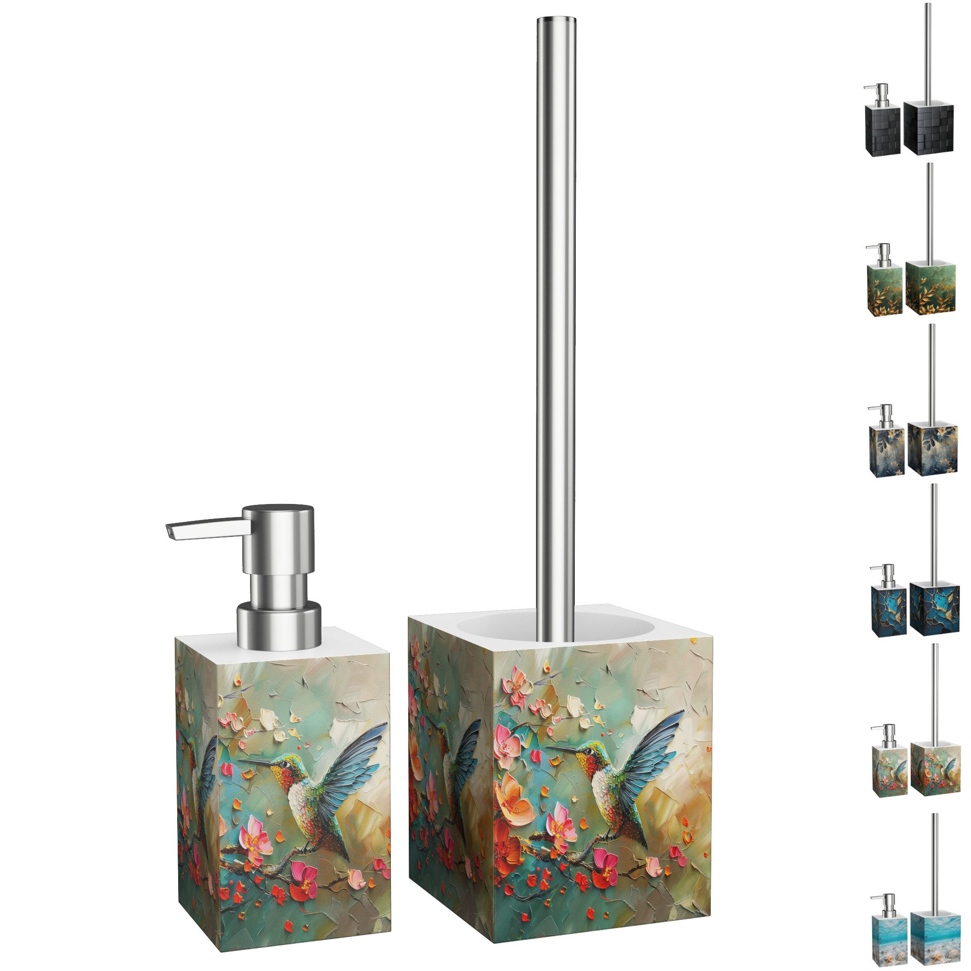 Sanilo Badaccessoire-Set mit Motiv, viele schöne Seifenspender und WC Bürsten zur Auswahl, Klobürste mit auswechselbaren Bürstenkopf, 2 tlg., 2-tlg., Desinfektionsspender mit stabiler Pumpe, hochwertig & modern