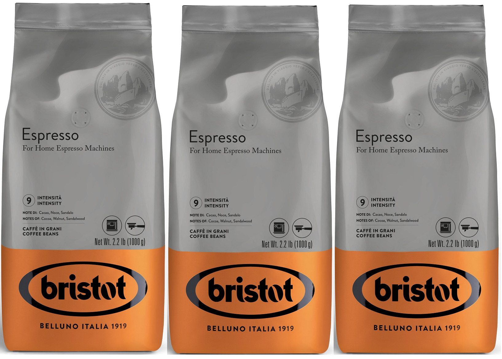 bristot Kaffee Espresso ganze Bohnen Kaffeebohnen, 3 x 1000 g