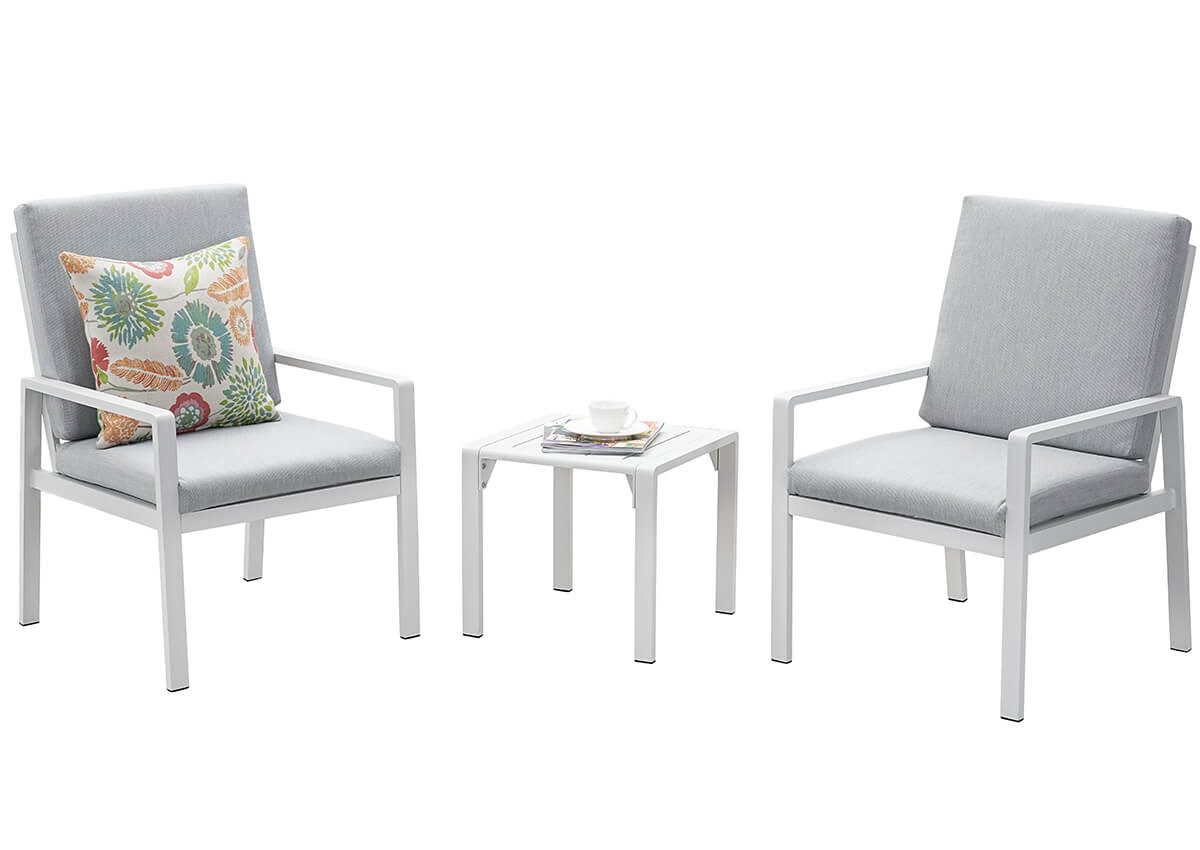 MeXo Gartenlounge-Set Lounge Gartenmöbelset Aluminium Wetterfest, (Balkonmöbel Set für 2 Personen, 3-tlg., 2 Sessel, Couchtisch 44x44x41 cm), 85 cm Rückenlehne, hoher Sitzkomfort