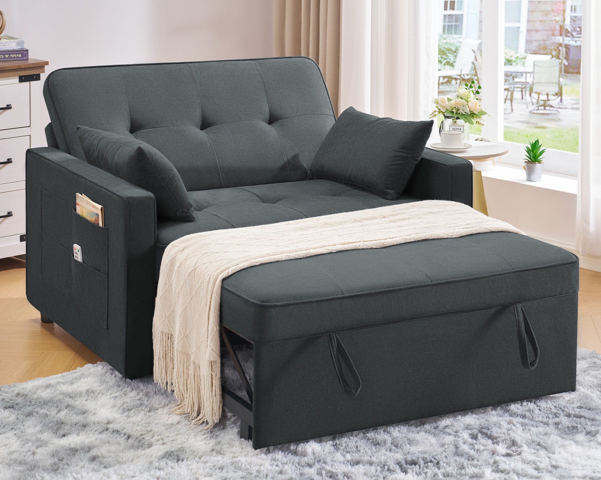 AMERLIFE Schlafsofa 3-in-1 Sofa, 5-stufig Verstellbar, mit Seitentaschen & Kissen, 122x93x94cm, 2er-Sofa mit Bettfunktion, 300kg tragbar