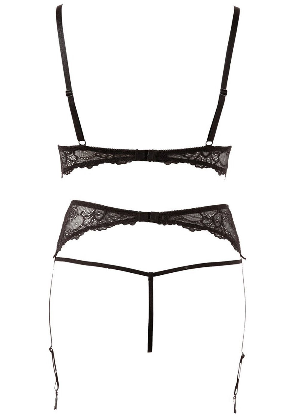 Abierta Fina Set: Bügelloser BH Dessous-Set mit Perlen: BH, String und Strumpfhalter - schwarz (3-tlg) aus transparenter Spitze
