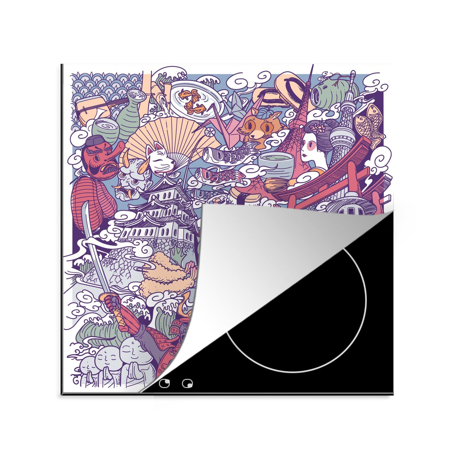 MuchoWow Herdblende-/Abdeckplatte Illustration der japanischen Kultur, Vinyl, (1 tlg), 78x78 cm, Ceranfeldabdeckung, Arbeitsplatte für küche | Herdabdeckplatten