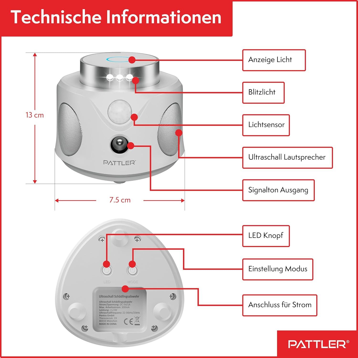 Pattler Ultraschall-Tierabwehr 360° Ultraschall Mäuseabwehr, 1 Gerät – Bild 2 von 5