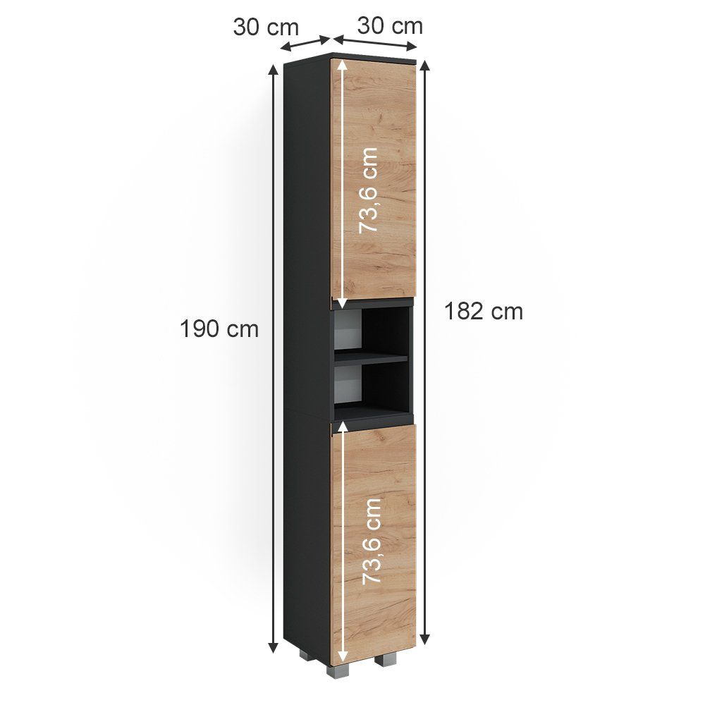 Vicco Hochschrank J-Shape, Anthrazit/Eiche, 30 x 190 cm (1-St)