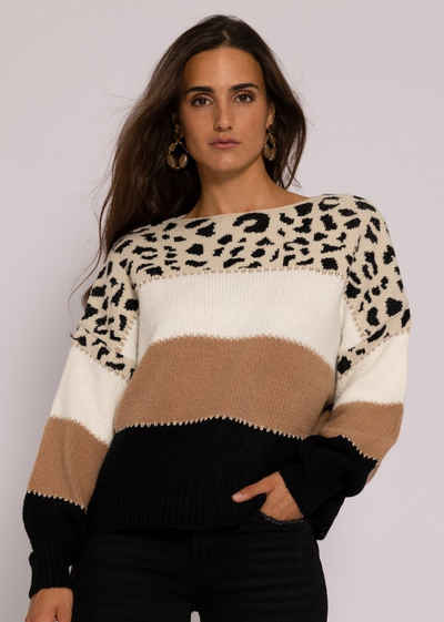 SASSYCLASSY Strickpullover Oversize Pullover Damen mit Leo-Print Lässiger Strickpullover aus weichem Grobstrick mit Streifen und Animalprint, One Size (Gr. 36-42)