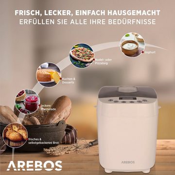 Arebos Brotbackautomat, mit 15 Programmen, 2 Knethaken, Timer, LCD Display, 15 Programme, 850 W, 3 Brotgrößen (1000/1250/1500 g)