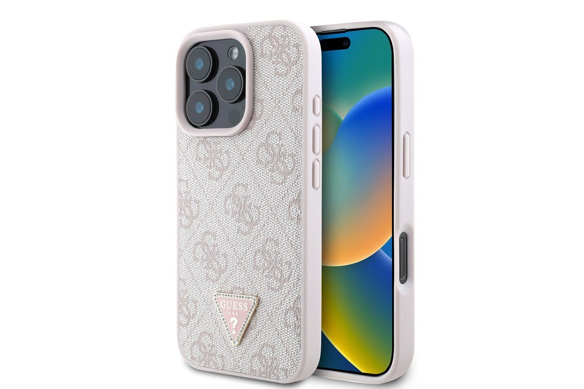 Handyhülle GUESS iPhone 16 Pro Max Strass Triangle Logo Hülle Cover rosa