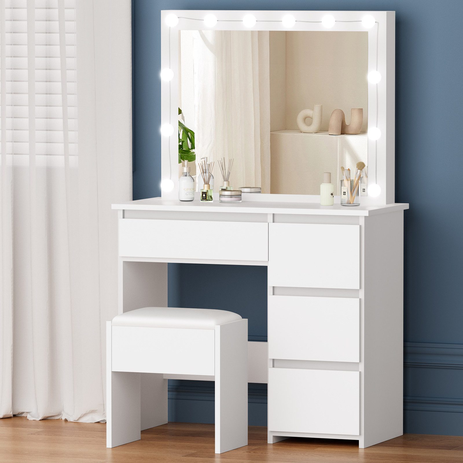 ALFORDSON Schminktisch mit Spiegel, 4 Schubladen & Aufbewahrungshocker, LED günstig online kaufen