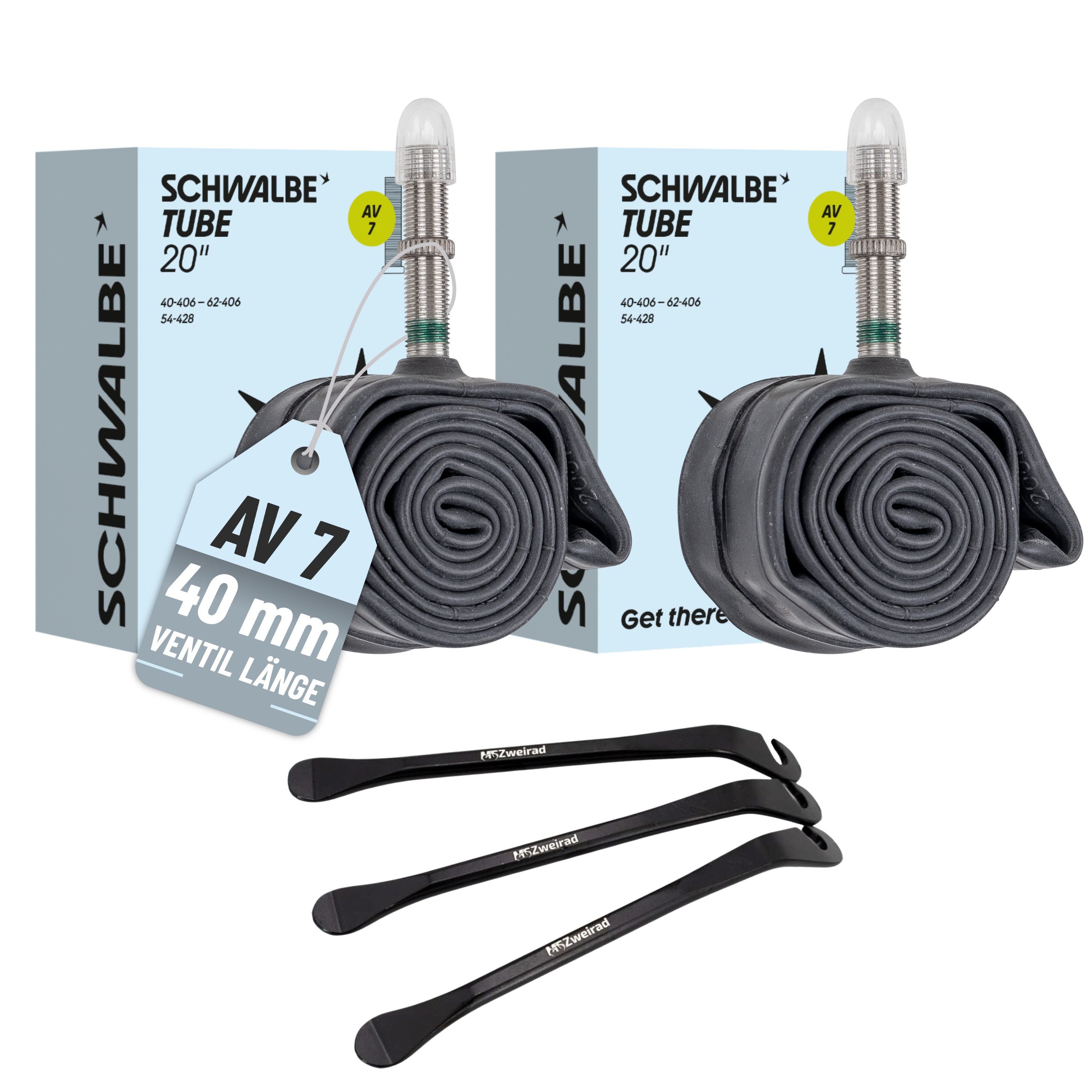 MSZweirad Fahrradschlauch 2x Schwalbe Schlauch AV7 40mm 20" 40/62-406 Modell 2026 + Reifenheber
