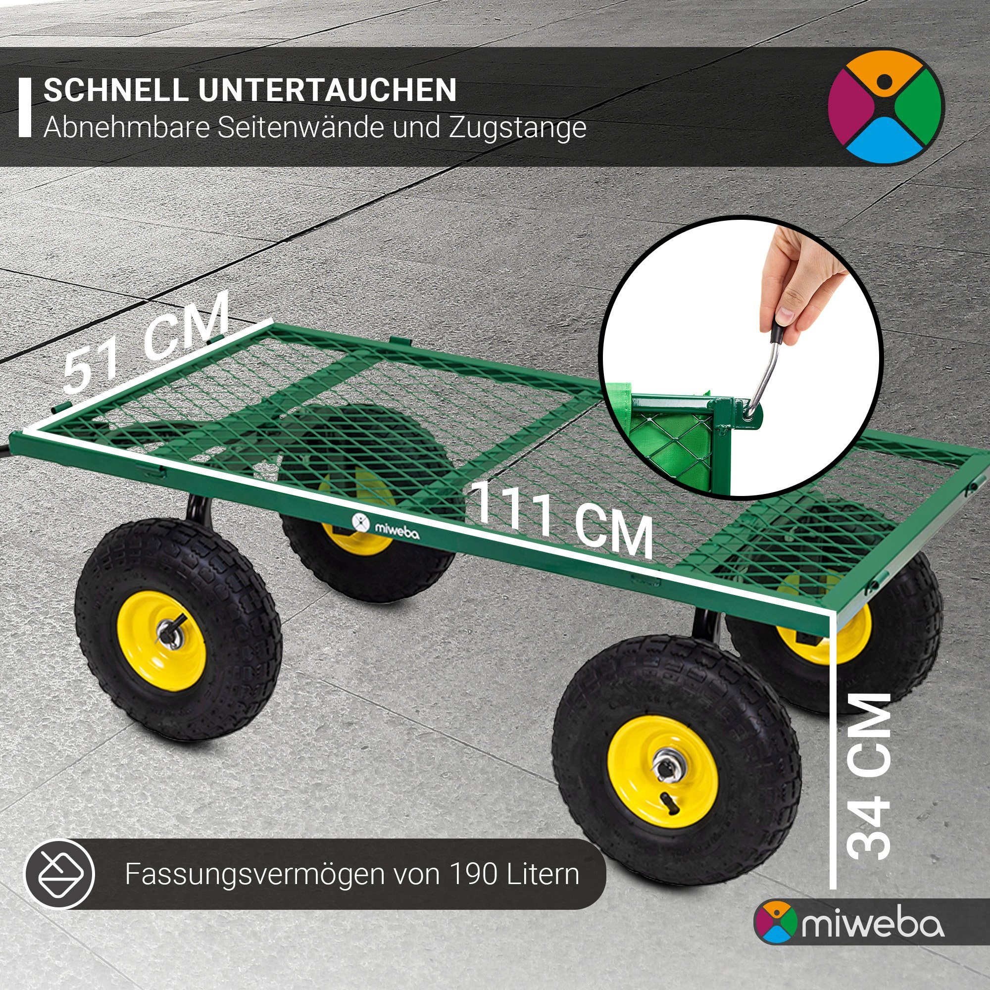 miweba Handcart Garden Wagon Transport Cart MB-550 (drawbar-guided steering axle, trailer function, side panels foldable and removable, pneumatic tires, 1-piece, 550 kg load capacity - 190 L volume - foldable sides - tipping), transport cart - garden cart - wheelbarrow