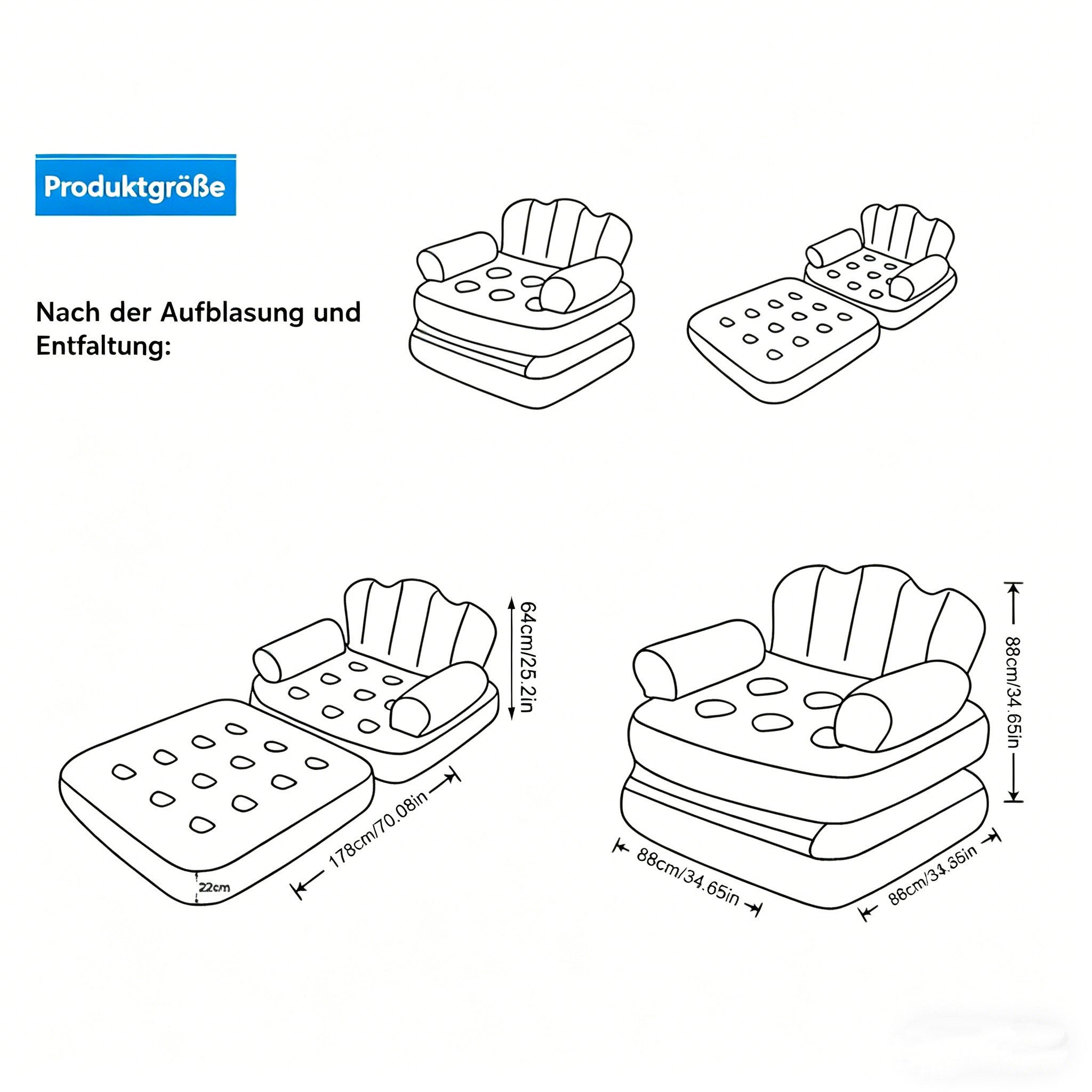 GARRYFIZH Sitzsack Aufblasbares Schlafsofa 2in1 Luftsofa Bett klappbar braun, weiche Beflockung, hohe Tragkraft 200 kg, kompakt verstaubar