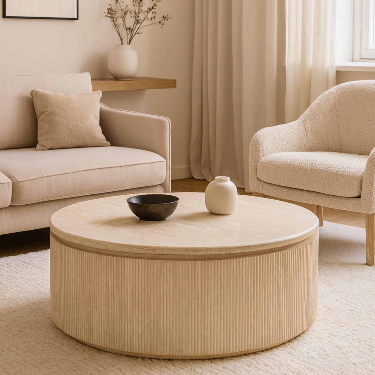 alesvelt Couchtisch Lunado Travertin Tischplatte in edlem Säulenstil 100 cm (1-Stück), Ø100 cm 45cm Höhe