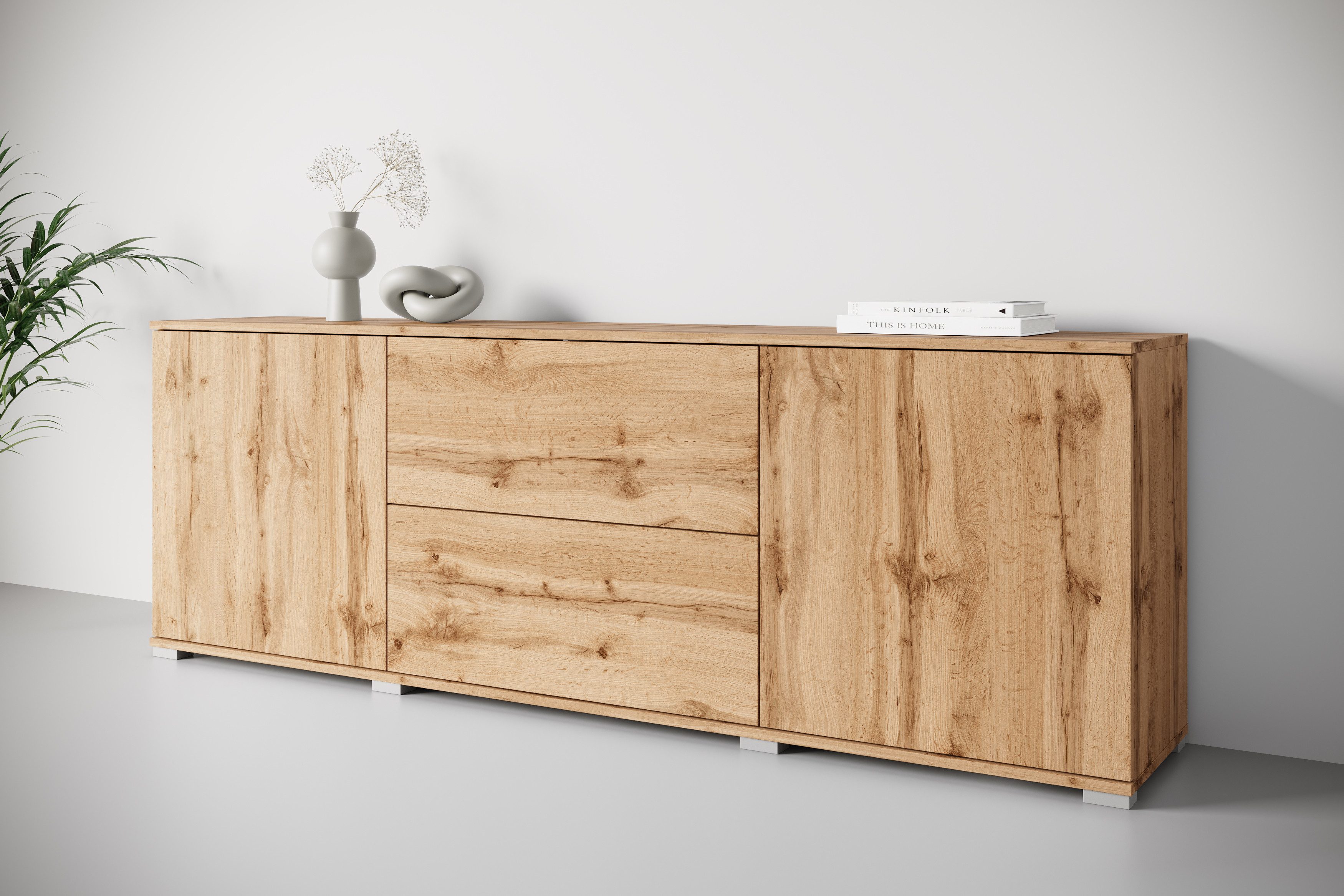 OTTO home Lowboard Kenia (1 St), 2 Türen, 2 Schubladen, Breite 180 cm, höhenverstellbare Einlegeböden