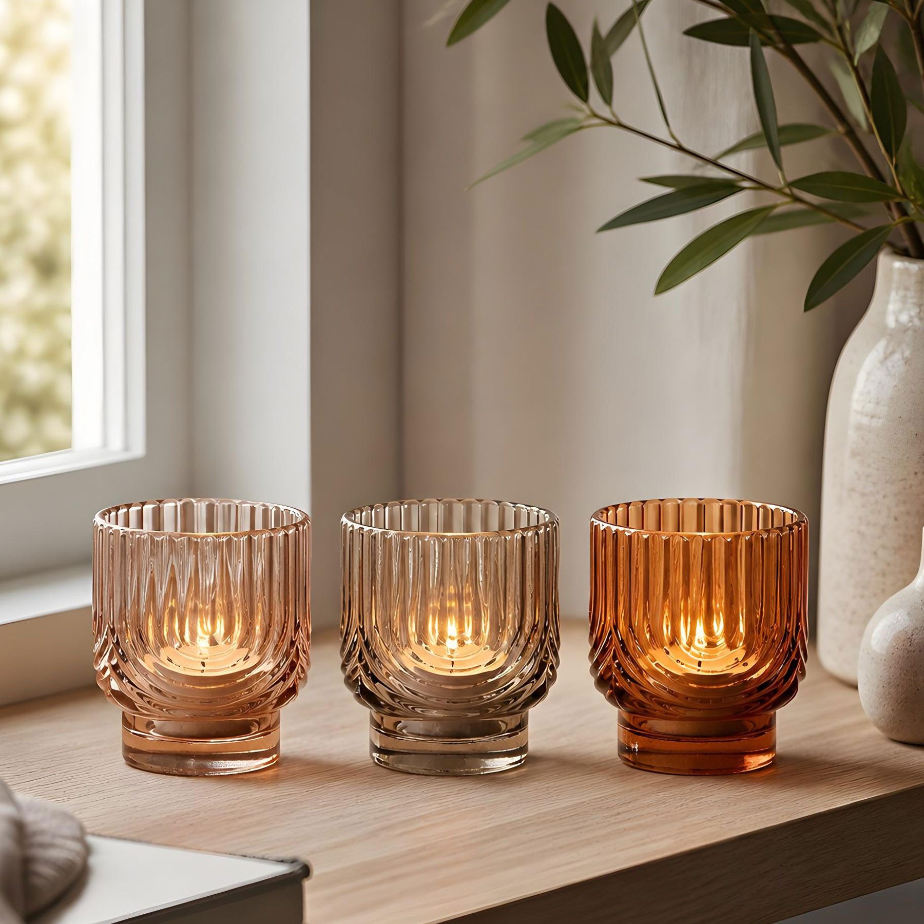 Levandeo® Teelichthalter 3er Set Kerzenglas Teelichthalter Bernstein Beige Orange Windlichter H