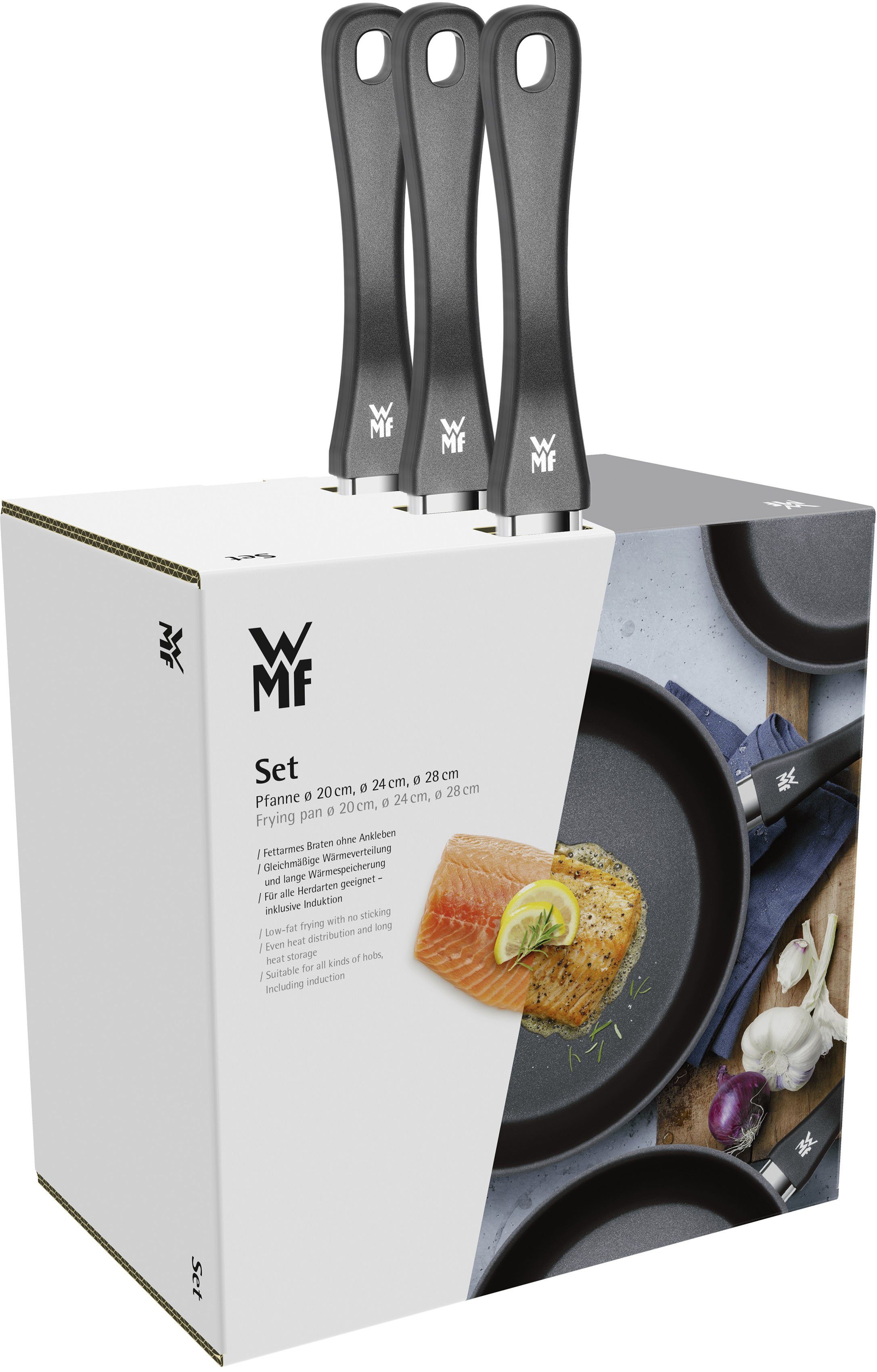 WMF Pfannen-Set Devil, Bratpfannen Induktion, leistungsstarke Antihaftversiegelung, Cromargan® Edelstahl Rostfrei 18/10 (Set, 3-tlg., 3x Pfannen Ø 20/24/28 cm), für alle Herdarten geeignet, ergonomischer Kunststoffgriff. Reduzierter Preis € 94,93. Unverbindliche Preisempfehlung € 179,99