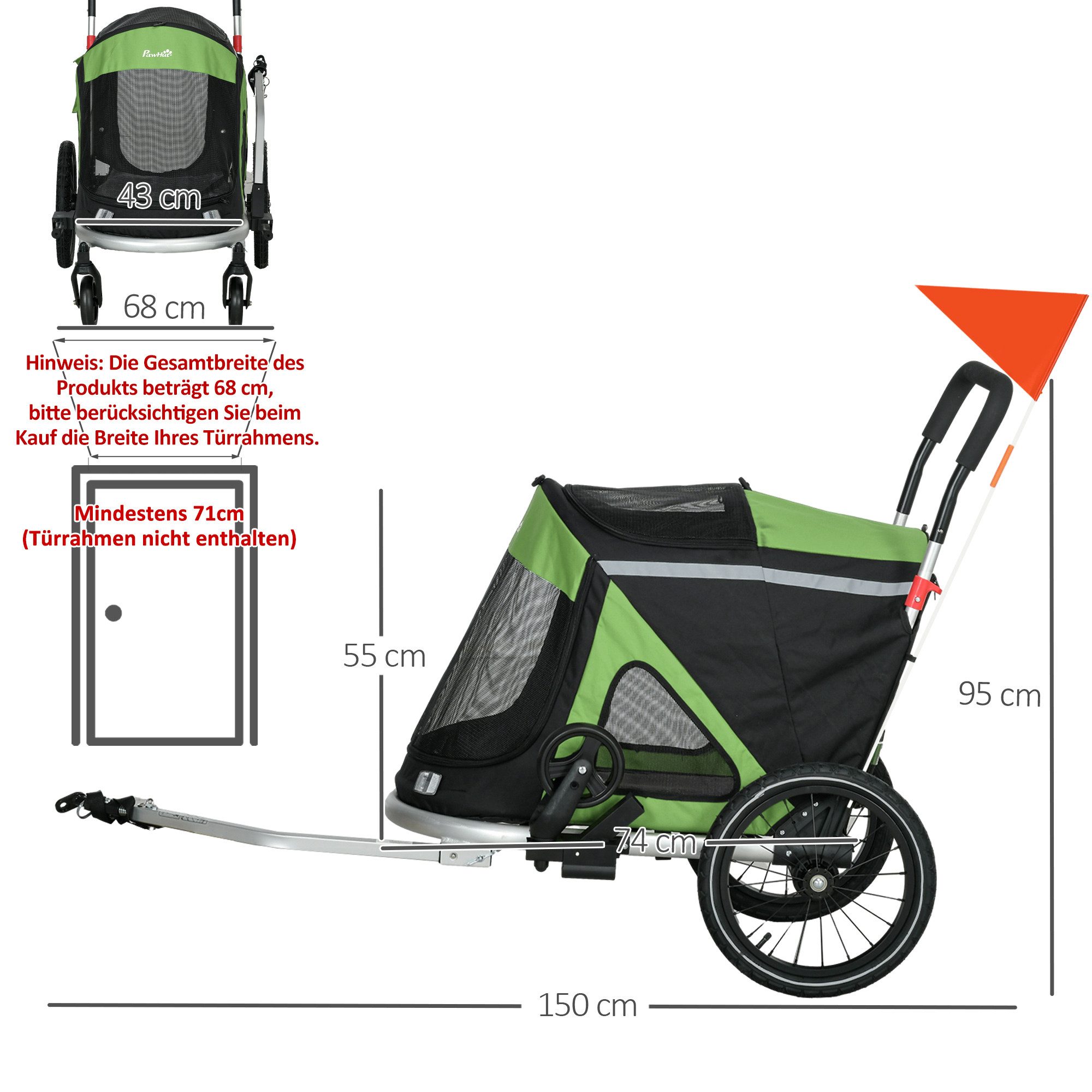 PawHut Fahrradhundeanhänger Hundeanhänger Hundebuggy mit Sicherheitsleine, Reflektoren, für Mittelgroße Hunde bis 20 kg, Oxford, Grün
