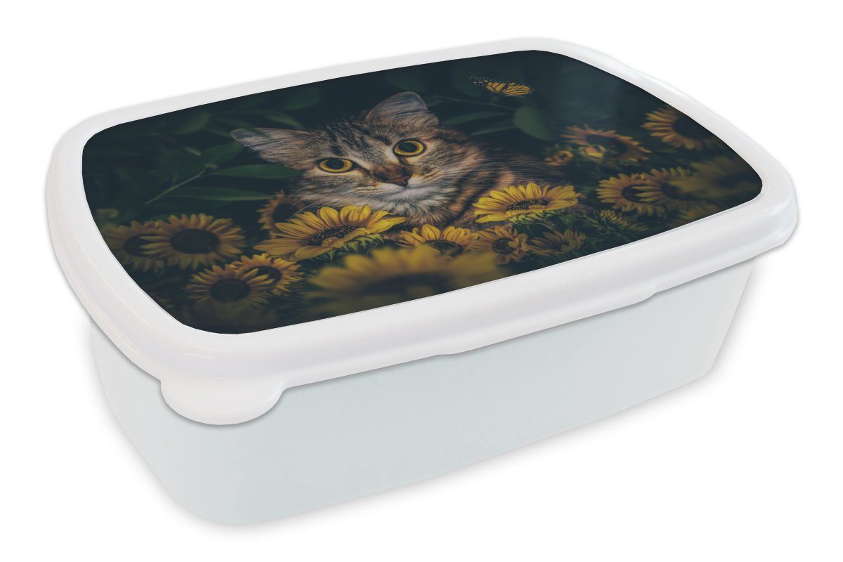 MuchoWow Lunchbox Katze - Gelb - Blumen - Botanisch, Kunststoff, (2-tlg), Brotbox für Kinder und Erwachsene, Brotdose, für Jungs und Mädchen weiß
