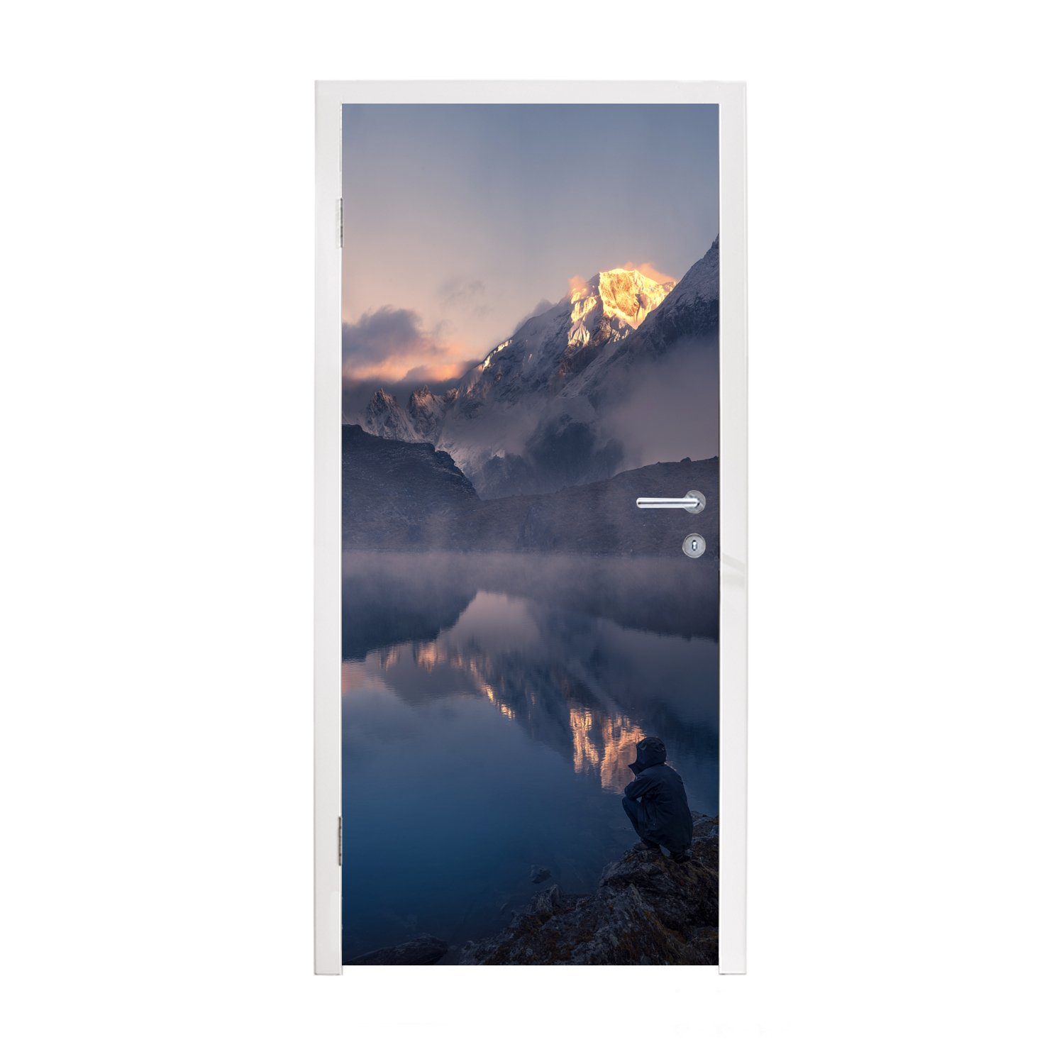 MuchoWow Türtapete Landschaft - Wasser - Berg - Schnee - Sonnenuntergang, Matt, bedruckt, (1 St), Fototapete für Tür, Türaufkleber, 75x205 cm