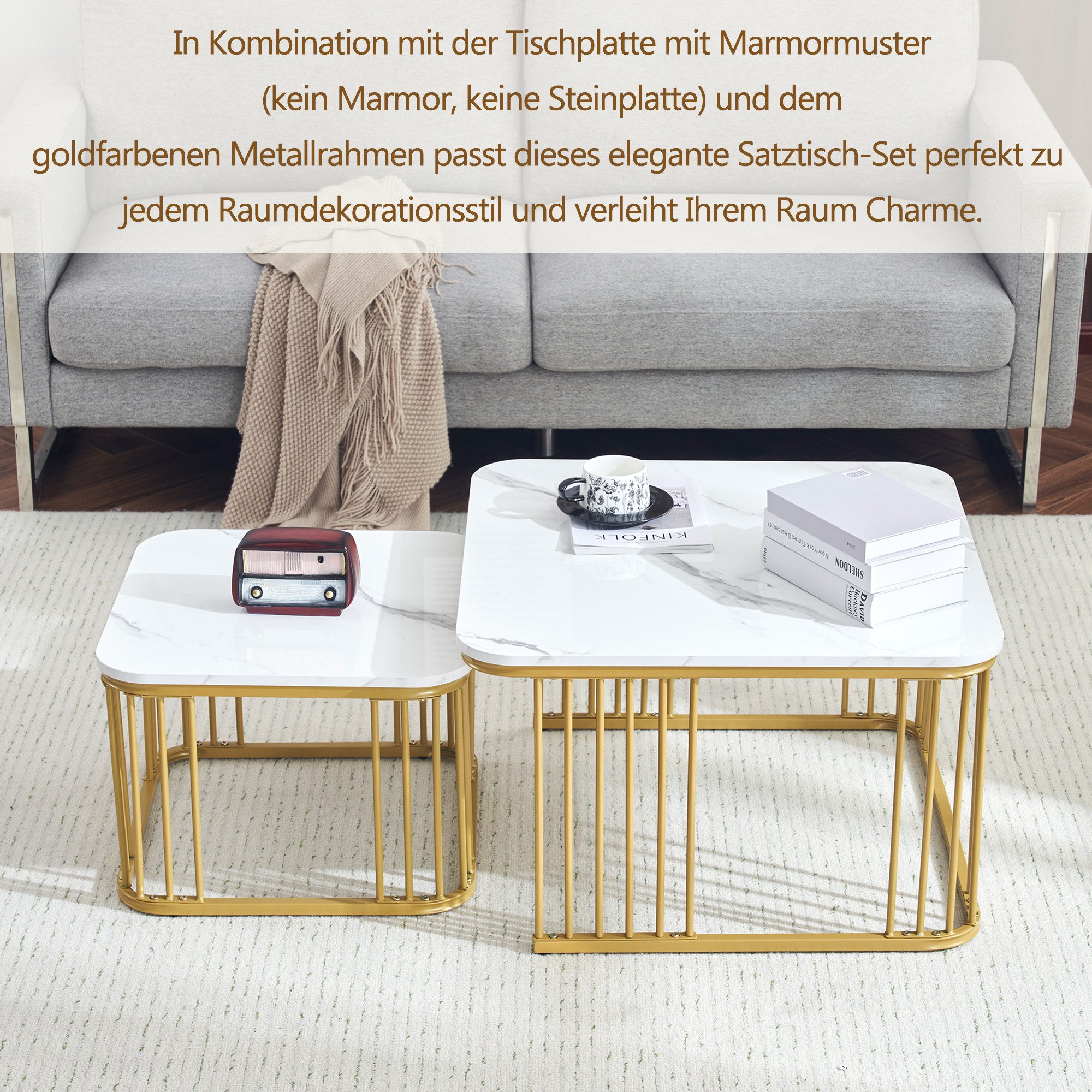 MODFU Couchtisch und 2er Set, Beistelltisch (2-St., 1), mit Tischplatte in Marmoroptik, Satztisch mit Metallrahmen