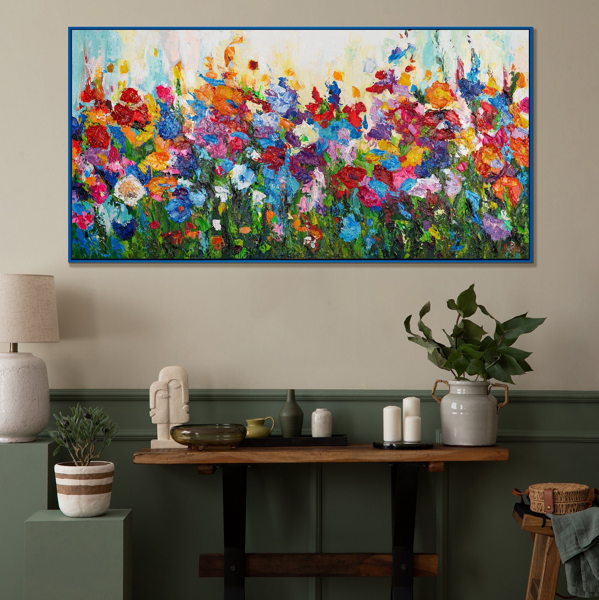Mit in Gemälde Blau Farben, Rahmen Blumige Blumen YS-Art