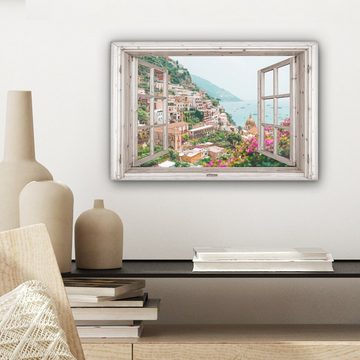 OneMillionCanvasses® Leinwandbild Ausblick - Italien - Blumen - Meer - Küste - Stadt - Berge, (1 St), Wandbild Leinwandbilder, Aufhängefertig, Wanddeko, 30x20 cm