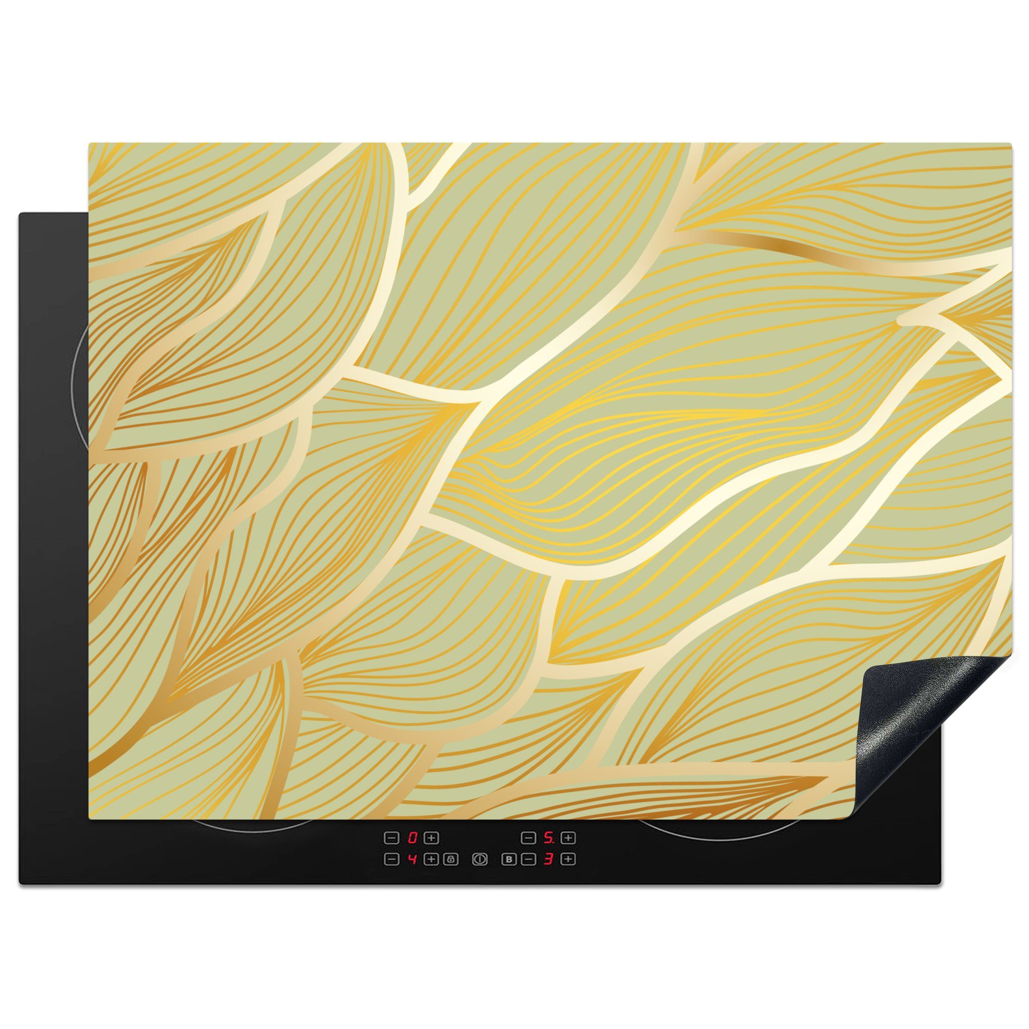 MuchoWow Herdblende-/Abdeckplatte Goldene Schutz grünem Vinyl, auf küche, 71x52 Ceranfeldabdeckung für (1 Wellen cm, tlg), Induktionskochfeld die Hintergrund
