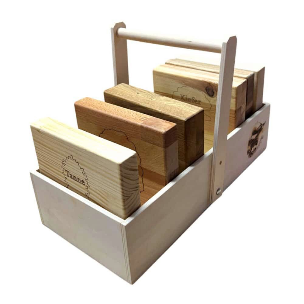 Die Werkkiste Lernspielzeug Holz & Baum Lern-Set – 6 große Holzblöcke aus heimischen Baumarten, ge