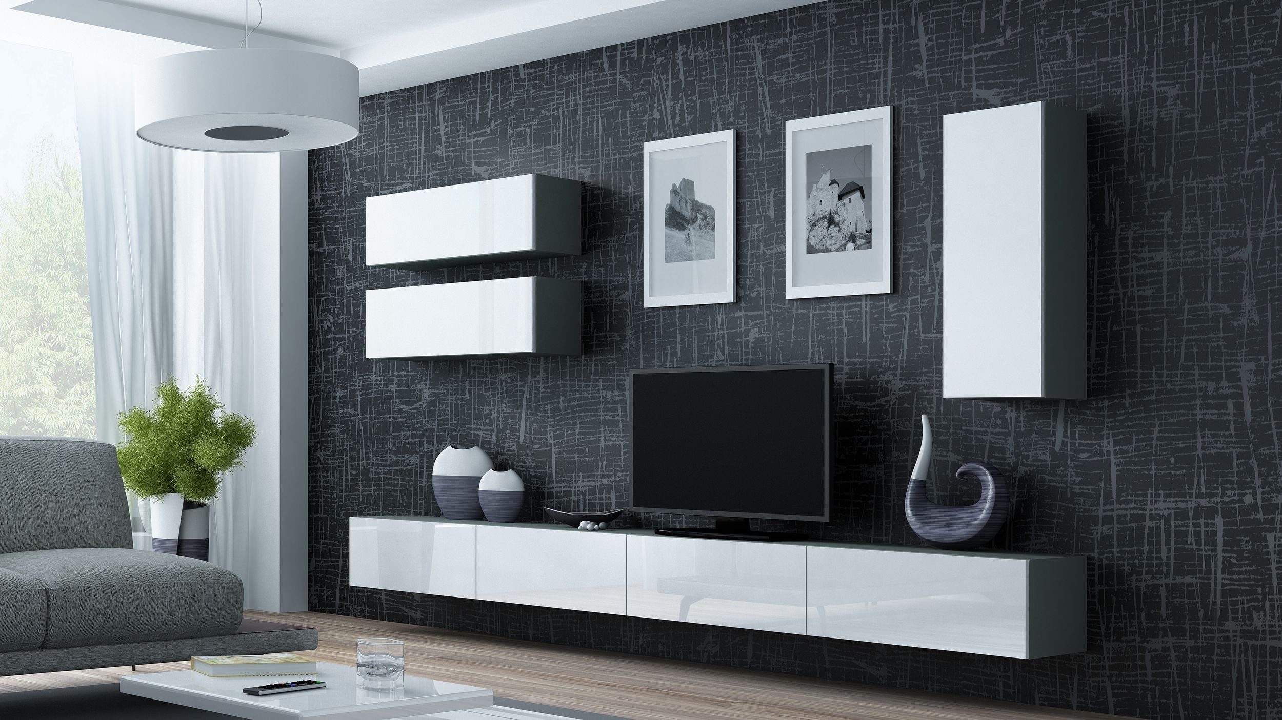 Stylefy Wohnwand Vago XIII, (Set (5-St), Wohnmöbel, Wohnzimmer-Set), bestehend aus 2xLowboard und 3xHängeschrank, Hochglanzfronten, mit Push-to-Open, Modern Design Grau Matt - Weiß Hochglanz