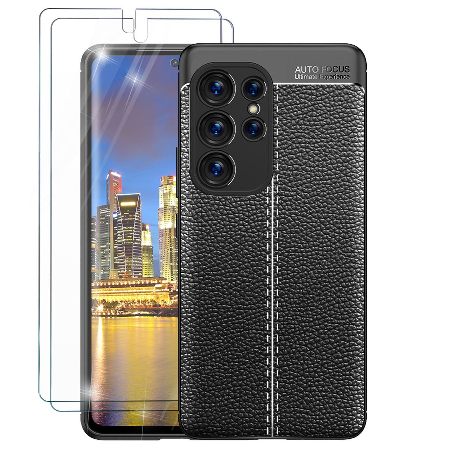 Nalia Smartphone-Hülle Samsung Galaxy S23 Ultra 17,3 cm (6,8 Zoll), Leder-Look Silikon Hülle / 2x Displayschutz / Rutschfest / Kratzfest