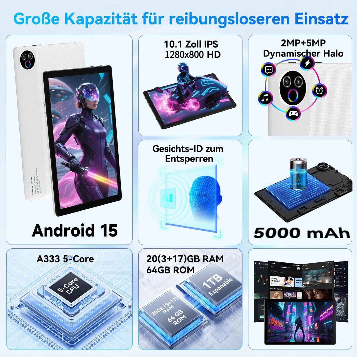 BUFO 10 Zoll Android 15, 20(3+17)GB+64GB, 1280x800 HD Display, WiFi 6 Tablet (10", 64 GB, Android, WiFi, Android 15, 5-Core 1.8 GHz 20 (3+17) GB RAM, HD IPS-Touch-Bildschirm)