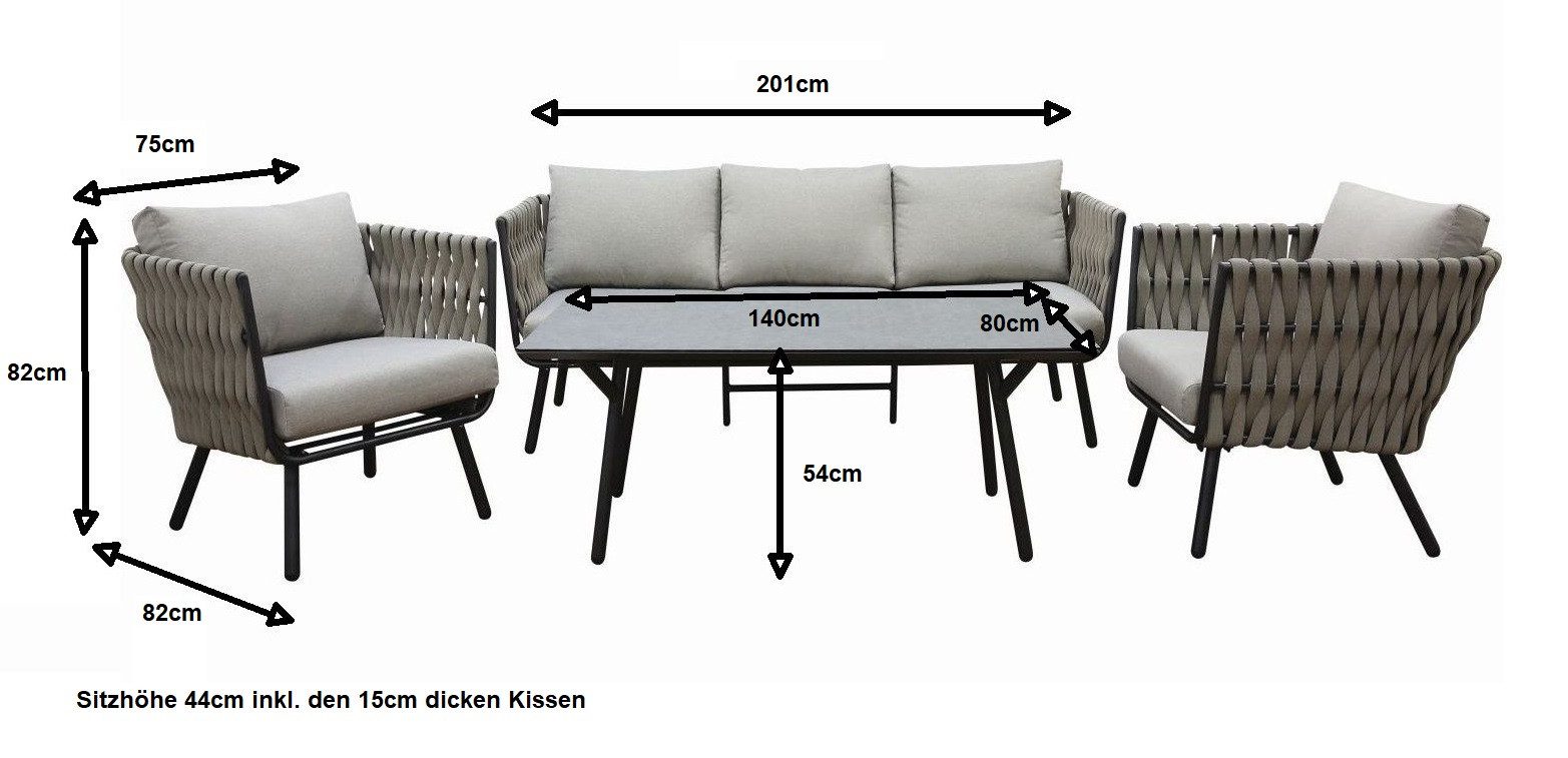 Gardissimo Gartenlounge-Set "Reana hell" Rope Gartenmöbelset Alu wetterfest, (Spar-Set, 4-tlg., Alu, Drei-Sitzer-Bank, Tisch, 2 Sessel, inkl. Auflagen), inkl. Auflagen / wetterfest / 120 kg Tragkraft pro Sitzplatz