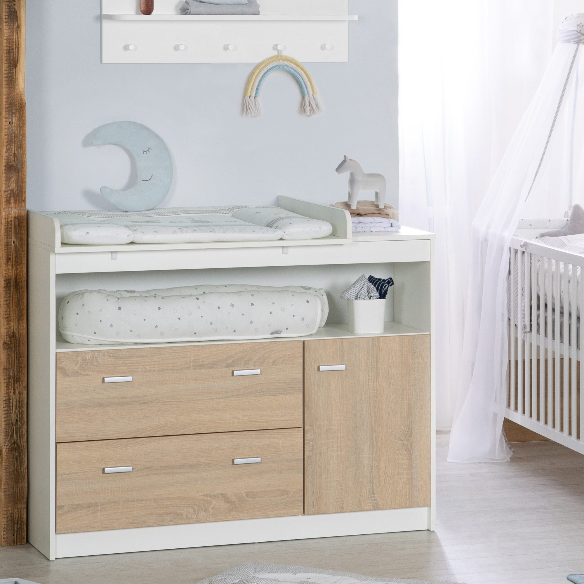 roba® Gabriella 3-piece baby room set - Made of wood - Bicolor - White & Sonoma Oak, (3-piece set, with wide or narrow changing table), crib, changing table & 3-door wardrobe
